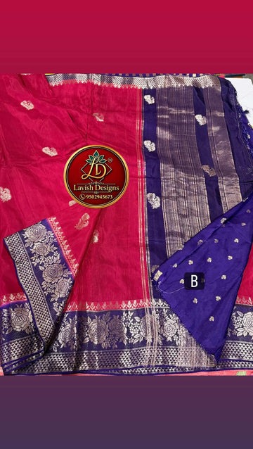 GM-1699 Dark Meroon nd Ink blue colour Banaras green mango saree