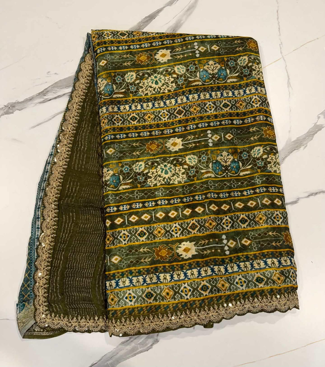 LD-37 chinon crape scalop boarders mehendi green saree