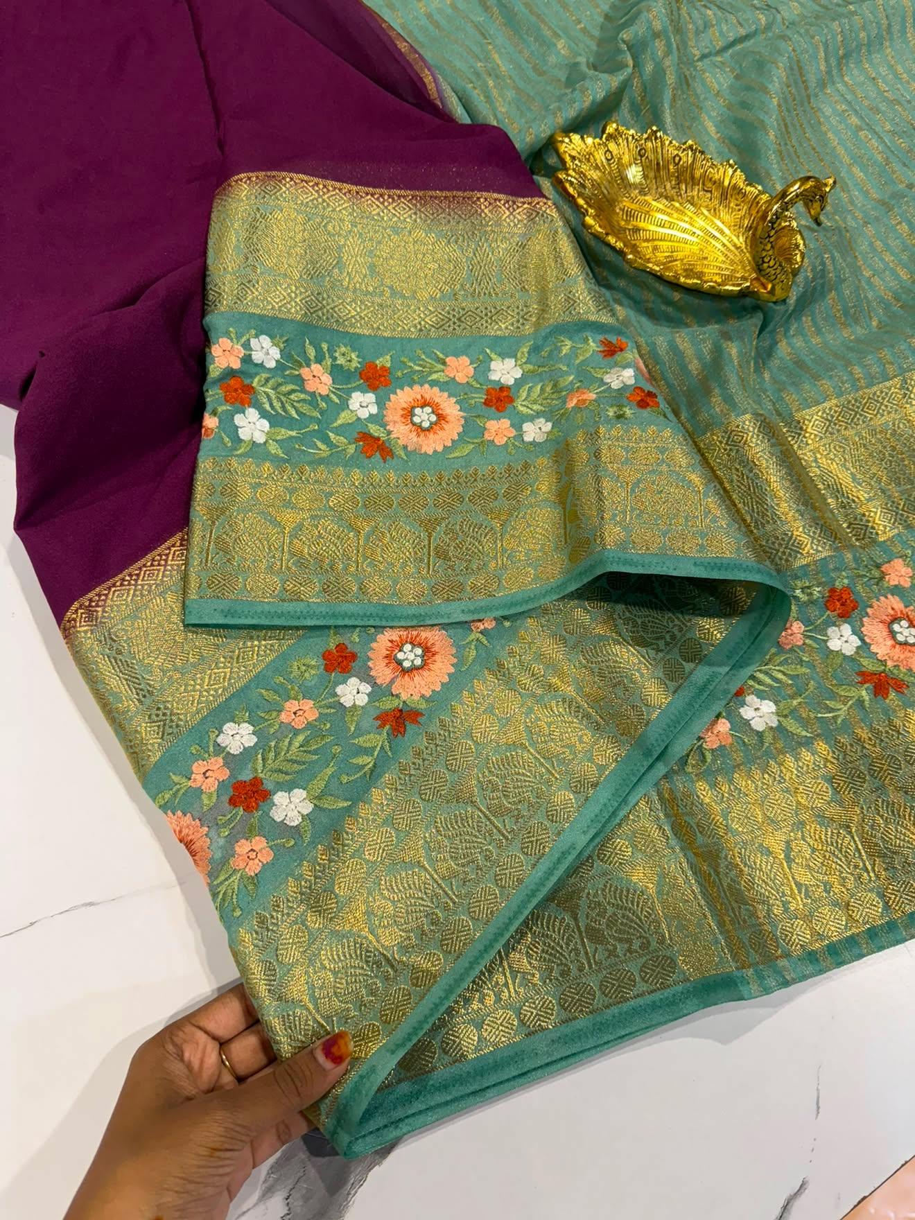 LD-M2 wine & powder blue semi Mysore saree