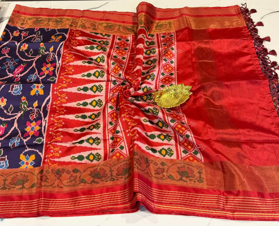 LD-1351 patola with tissue boarder blue and red saree parrots