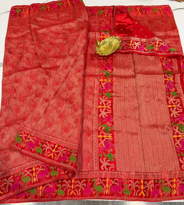 T-2998 Red colour banaras tissue Mashru borders saree