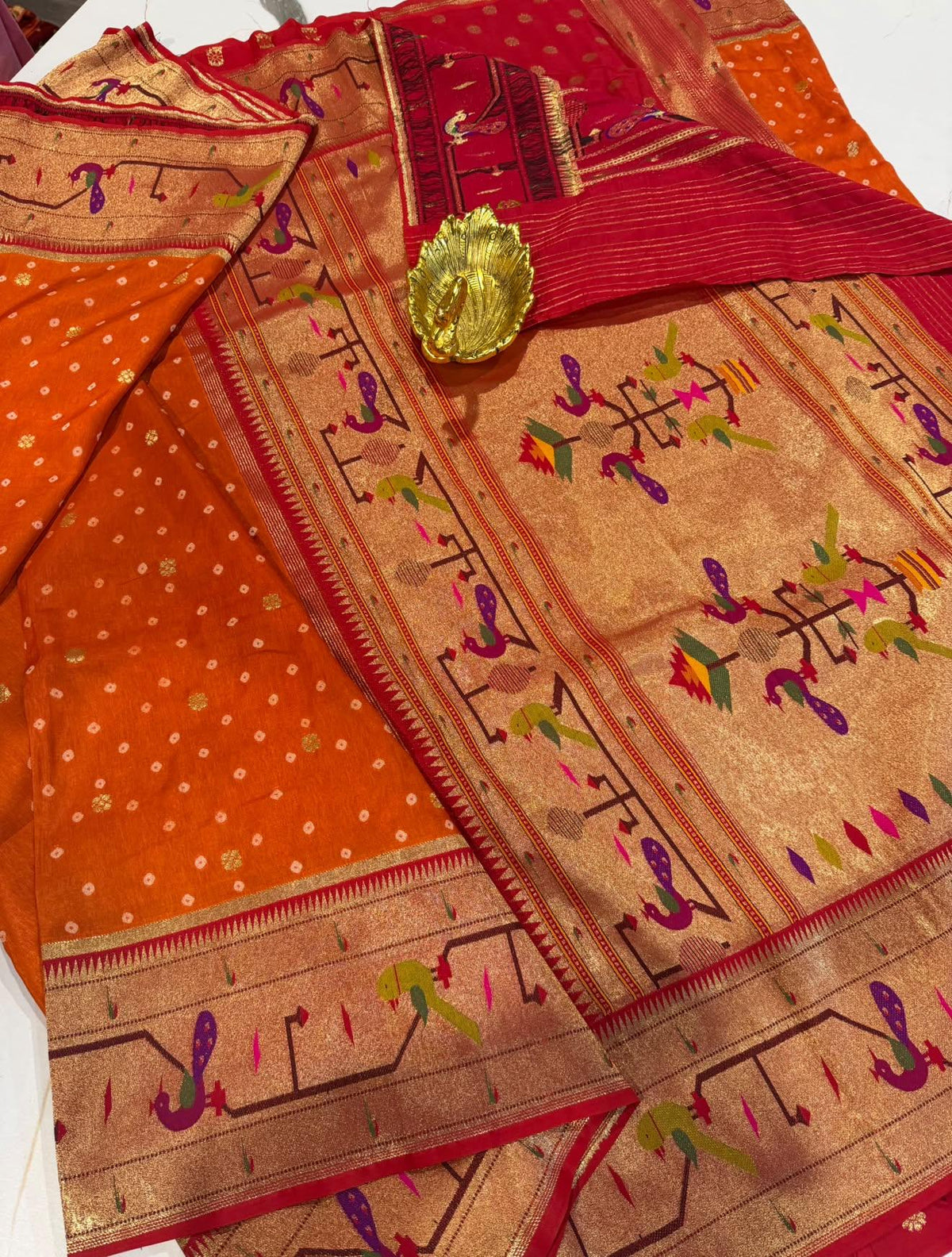 B-5400 Orange Colour Bandini Crepe Paithani borders saree