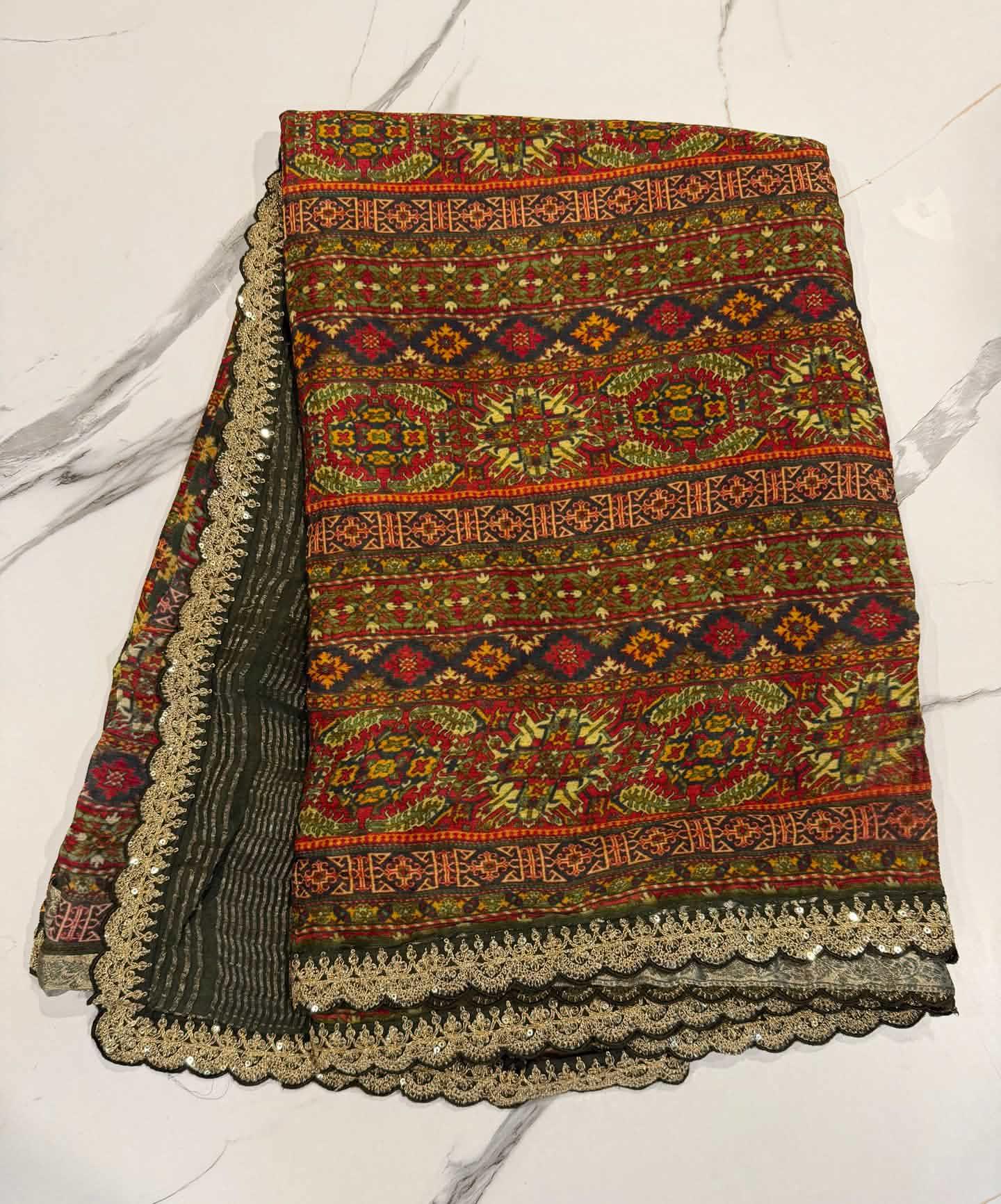 LD-37 chinon crape scalop boarders dark green n multi colour saree