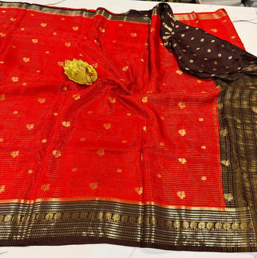 VKC2149 - Brick red with brown small brdr- Vintage Kanchi Checks sarees
